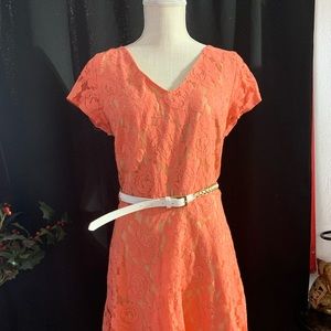 J. Taylor Coral Peach Lace Over Nude Dress 16
